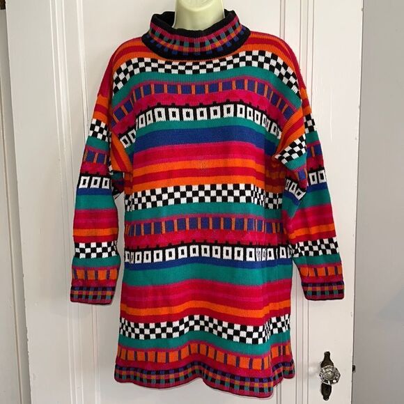 Vtg 80s/90s Contrasts turtleneck brightly colored multi patterned long sweater - Picture 1 of 8